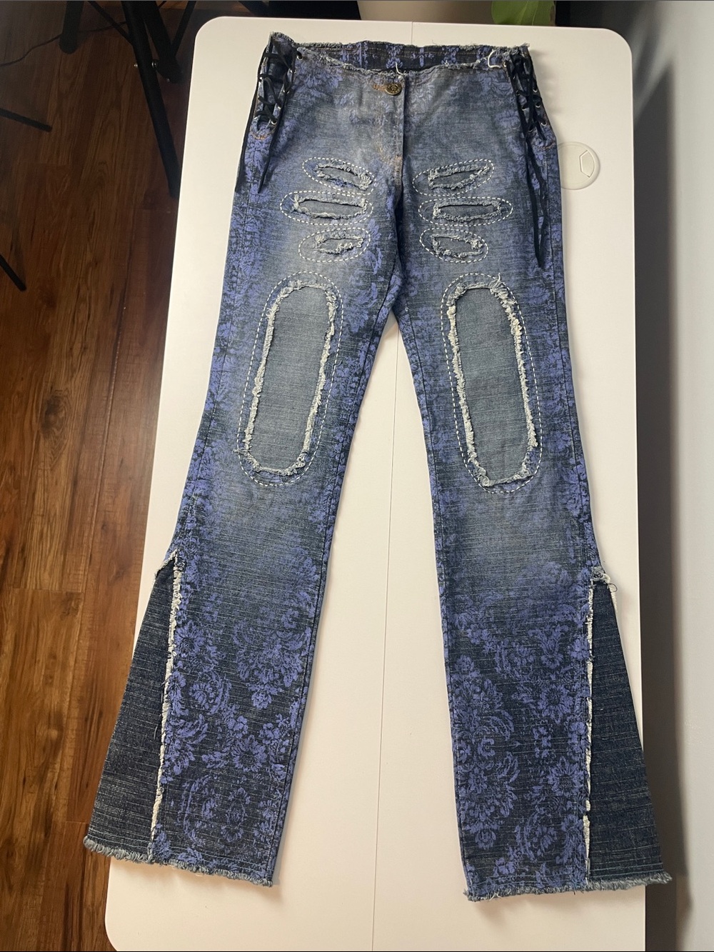 Parasuco Indigo Floral-Print Flare Jeans with Lace-Up Hips